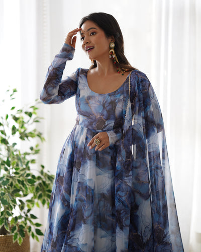 Pure Organza Silk Marble Print Anarkali Set With Dupatta And Pant