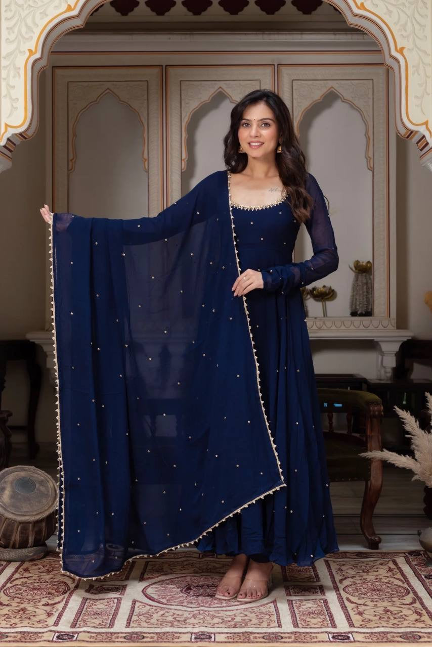 Navy Blue Moti Embroidered Anarkali Suit