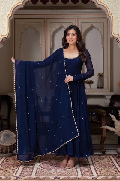 Navy Blue Moti Embroidered Anarkali Suit