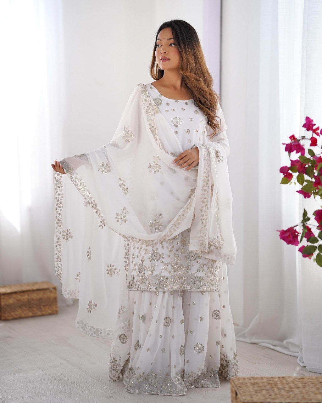 WHITE PARTYWEAR SHARARA SUIT WITH DUPATTA