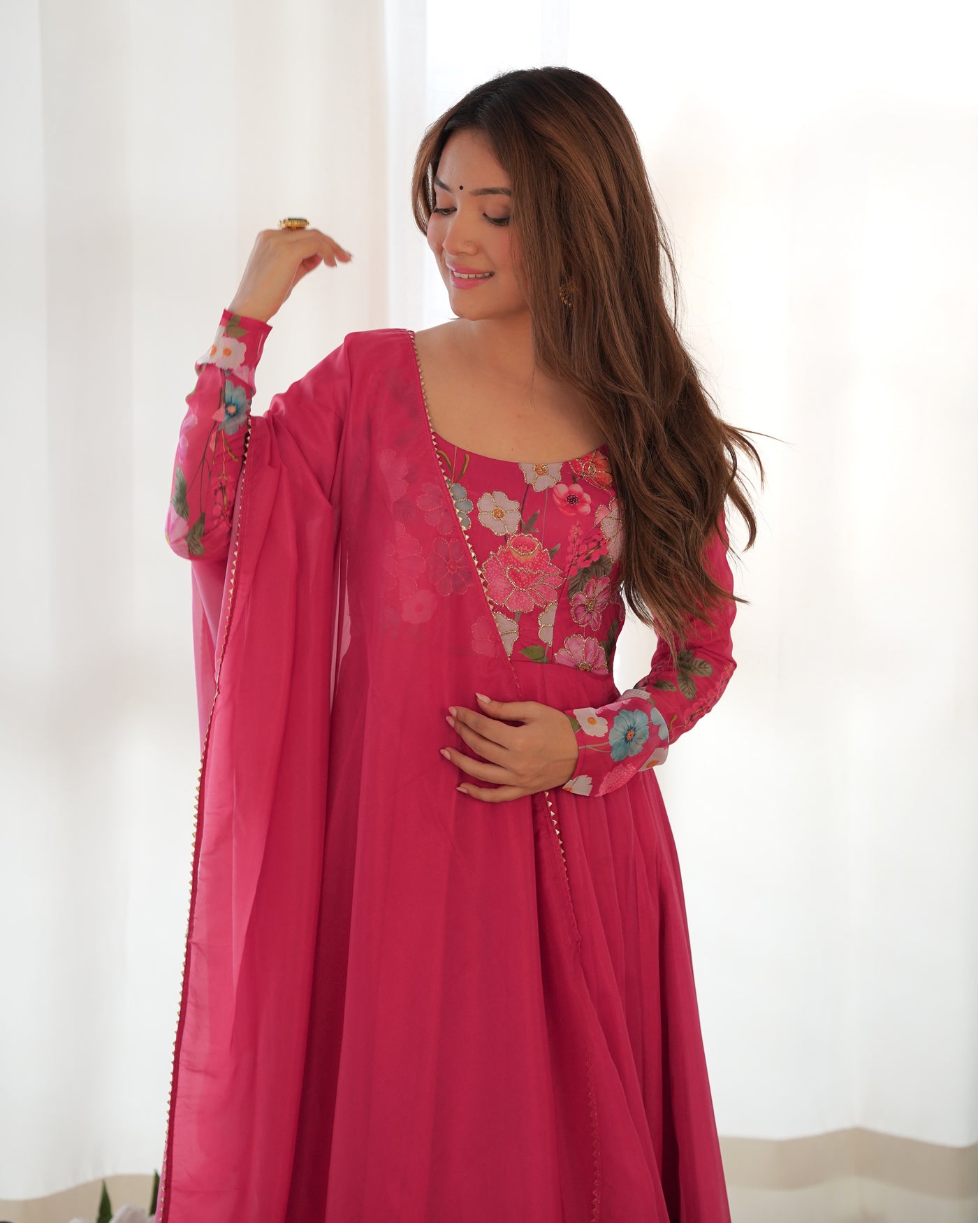 Floral Printed Organza Anarkali Suit Set With Matching Dupatta