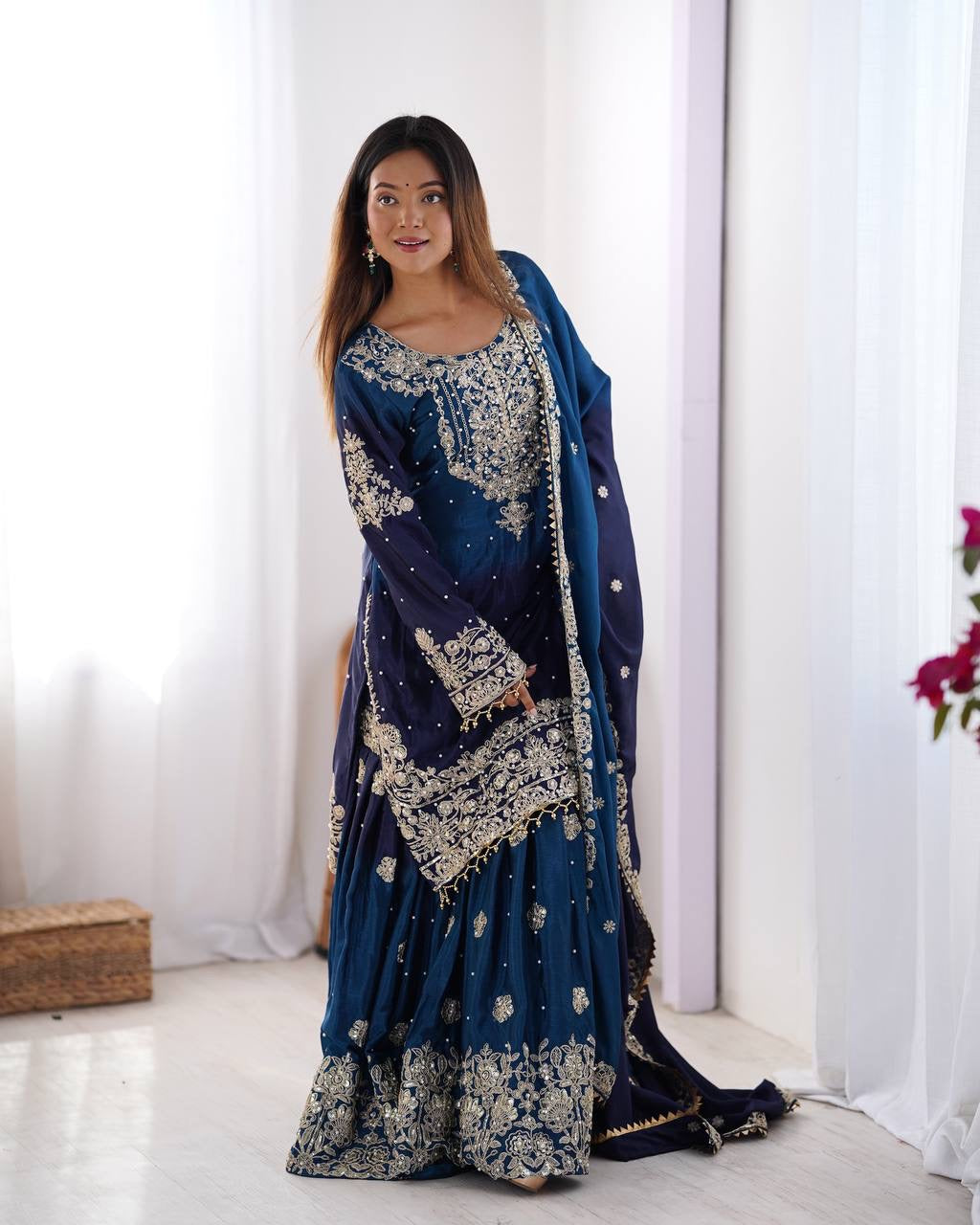 NAVY BLUE WEDDING WEAR CHINON SILK PLAZZO DRESS
