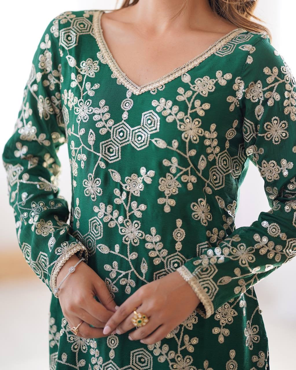 Green Color Designer Chinon Silk Sharara Set