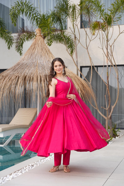 Pink Color Roman Silk Anarkali With Nylon Net Dupatta