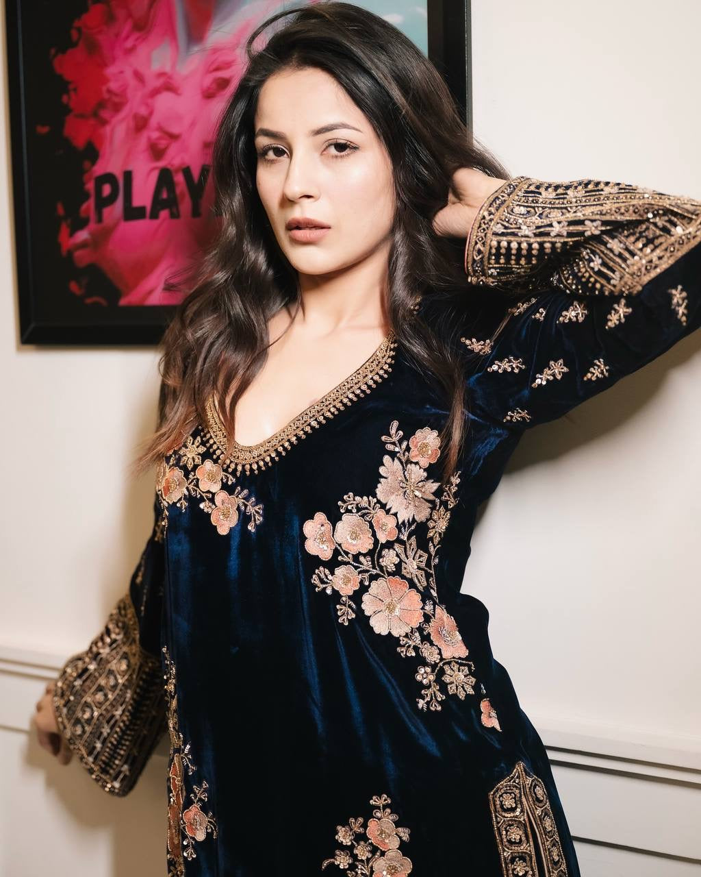 Royal Blue Velvet Kurti With Intricate Gold And Peach Embroidery