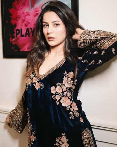 Royal Blue Velvet Kurti With Intricate Gold And Peach Embroidery