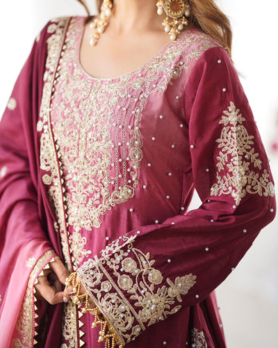 Solid Pink Color Wedding Wear Chinon Silk Plazzo Dress
