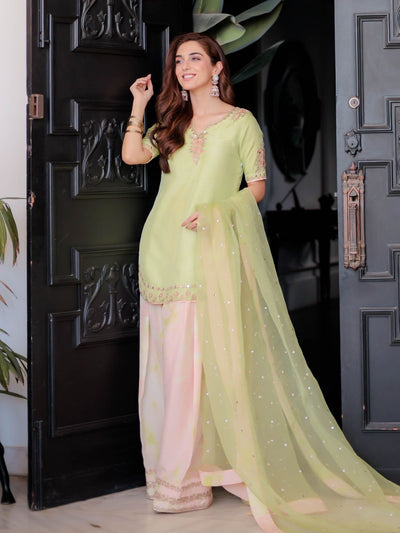 Designer Party Wear Natural Crepe Top & Farshi Palazzo Set With Organza Dupatta