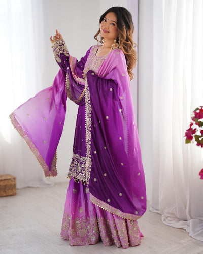 Purple Color Wedding Wear Chinon Silk Plazzo Dress