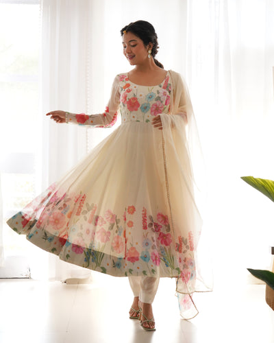 Floral Printed Organza Anarkali Suit Set With Matching Dupatta