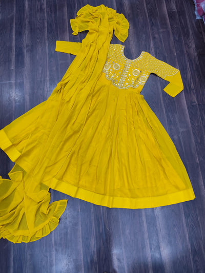 Yellow Ethnic Georgette Gown With Fancy Dupatta