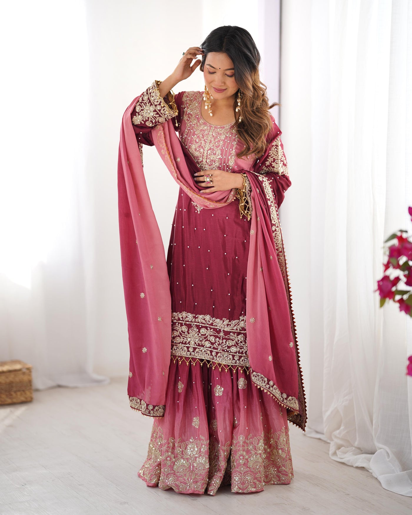 Solid Pink Color Wedding Wear Chinon Silk Plazzo Dress