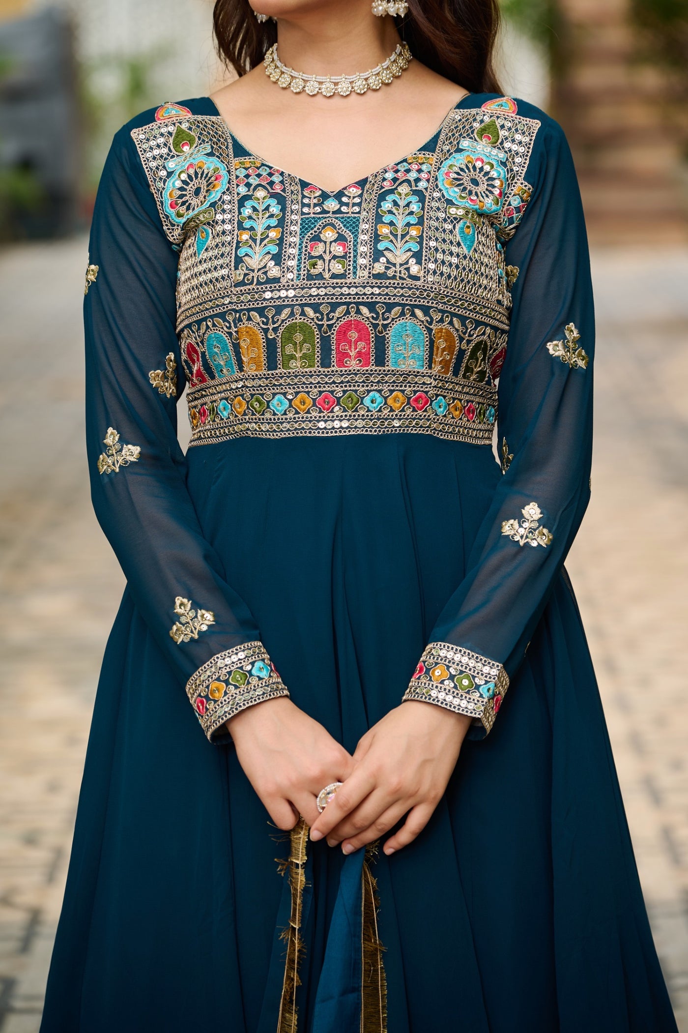 Charming Ethnic Gown With Multi-Thread Work And Zari Lace Dupatta