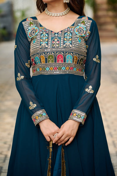 Charming Ethnic Gown With Multi-Thread Work And Zari Lace Dupatta