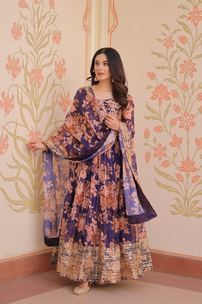 English Russian Silk Gown With Printed Dupatta
