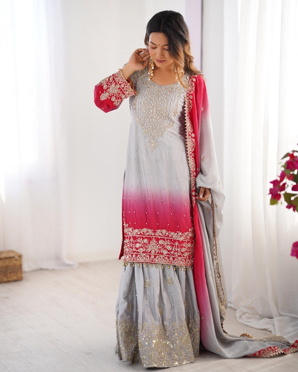 Dusty Pink Color Wedding Wear Chinon Silk Plazzo Dress