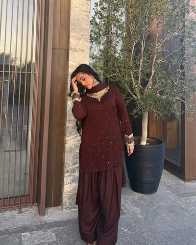 Brown Georgette Farshi With Fancy Dupatta