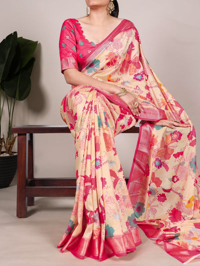 Elegant Tussar Silk Printed Saree With Viscose Border And Unstitched Blouse