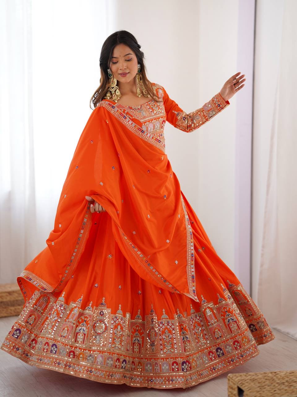 ORANGE WEDDING LEHENGA WITH CHOLI AND DUPATTA