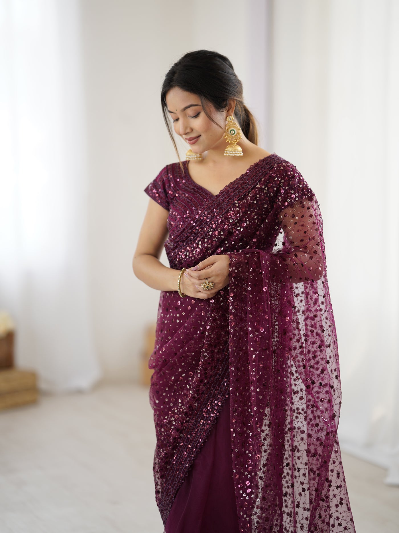 Wine Color Net Saree With Fancy Dupatta