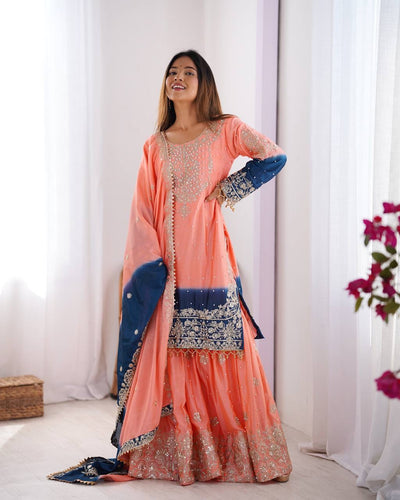 LIGHT PINK WITH BLUE WEDDING WEAR CHINON SILK PLAZZO DRESS