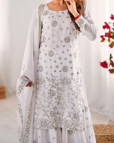 WHITE PARTYWEAR SHARARA SUIT WITH DUPATTA
