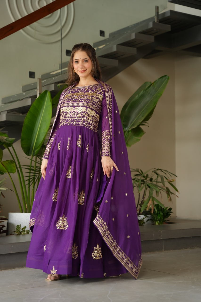 Purple Color Chinon Gown With Embroidery Dupatta