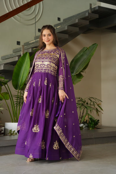 Purple Color Chinon Gown With Embroidery Dupatta