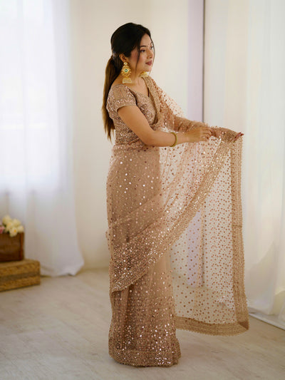 Almond Frost Color Net Saree With Fancy Dupatta