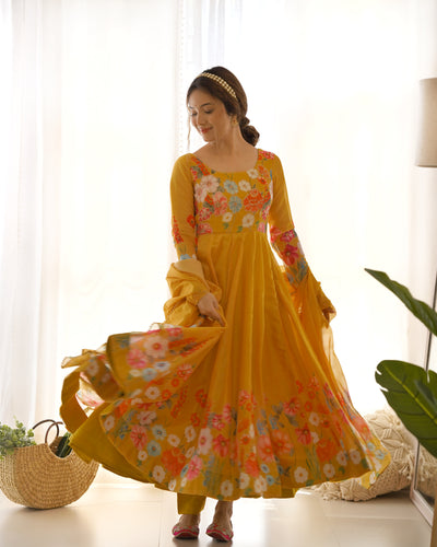 Floral Printed Organza Anarkali Suit Set With Matching Dupatta