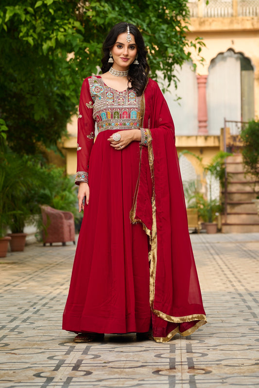 Charming Ethnic Gown With Multi-Thread Work And Zari Lace Dupatta
