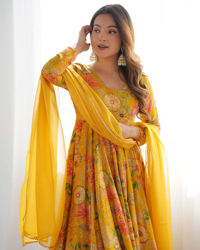 YELLOW KEDIYA ROMAN SILK PARTYWEAR DRESS