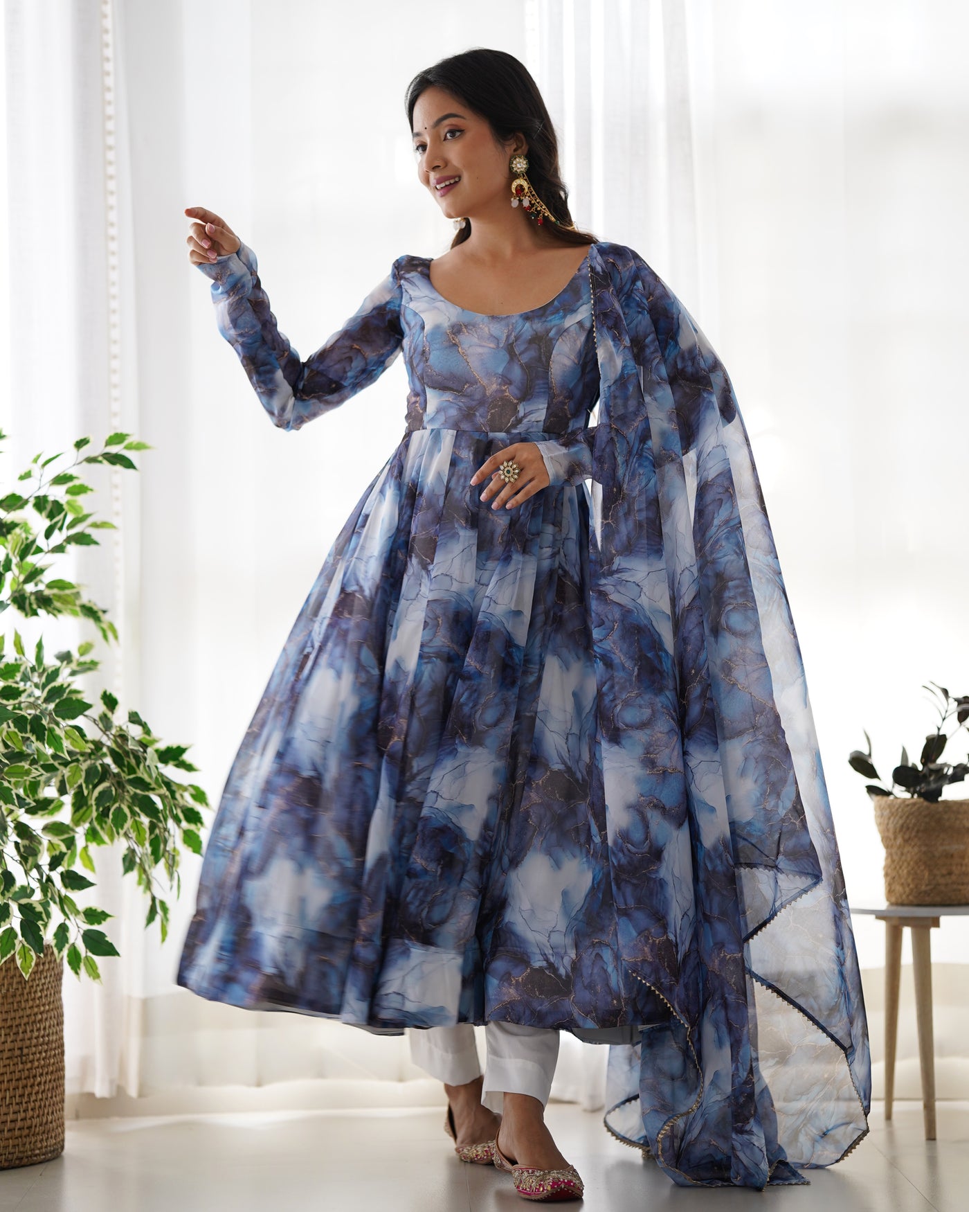 Pure Organza Silk Marble Print Anarkali Set With Dupatta And Pant