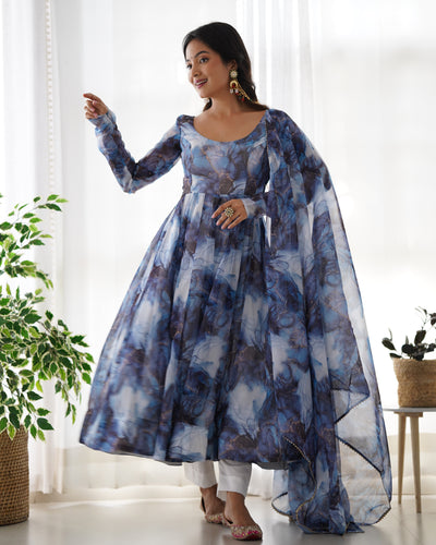 Pure Organza Silk Marble Print Anarkali Set With Dupatta And Pant