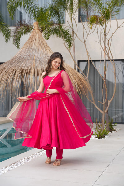 Pink Color Roman Silk Anarkali With Nylon Net Dupatta