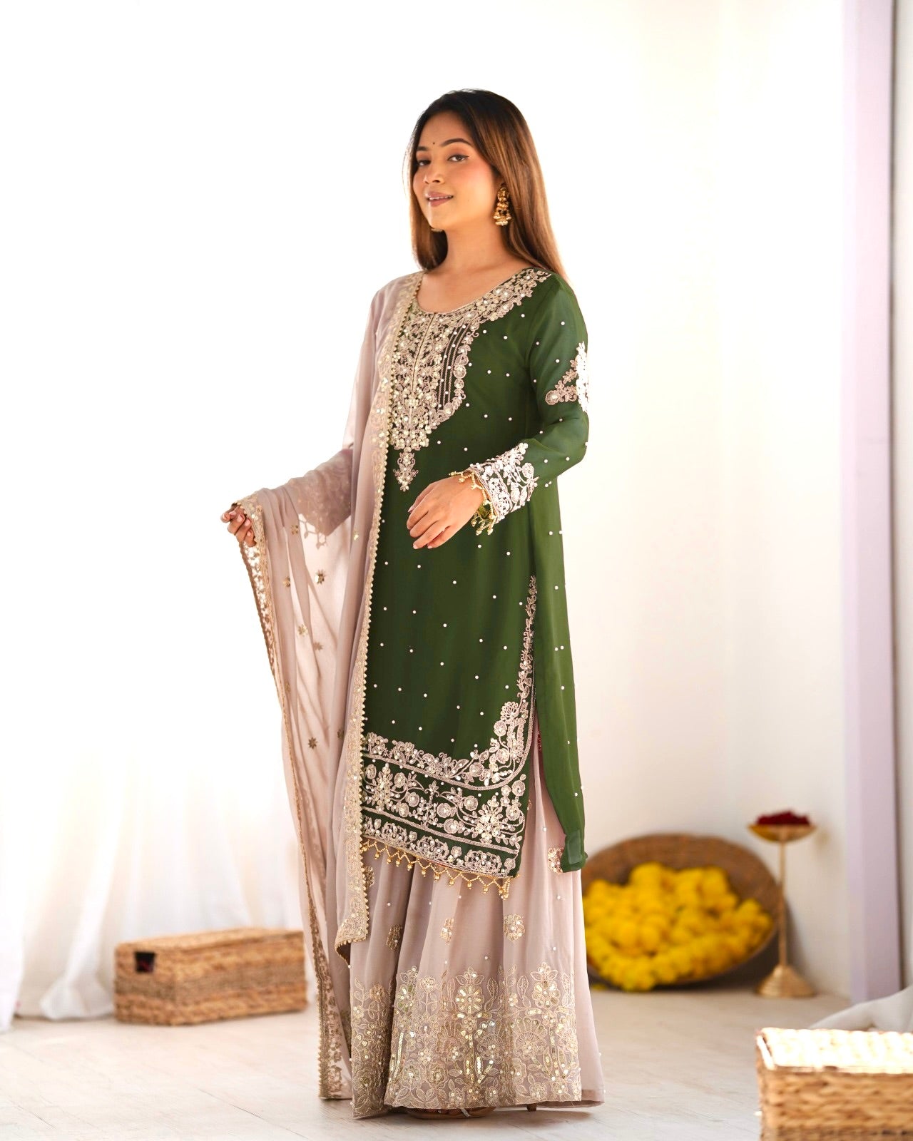 Leaf Green Color Festival Designer Suit With Dupatta