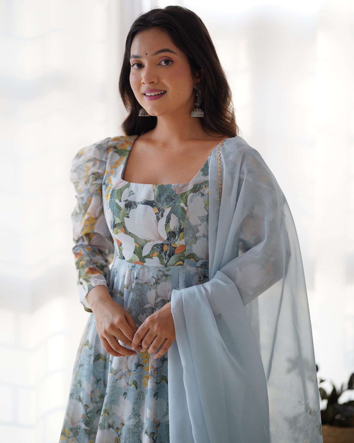Floral Print Pure Organza Silk Anarkali Set with Dupatta and Ready-to-Wear Pant