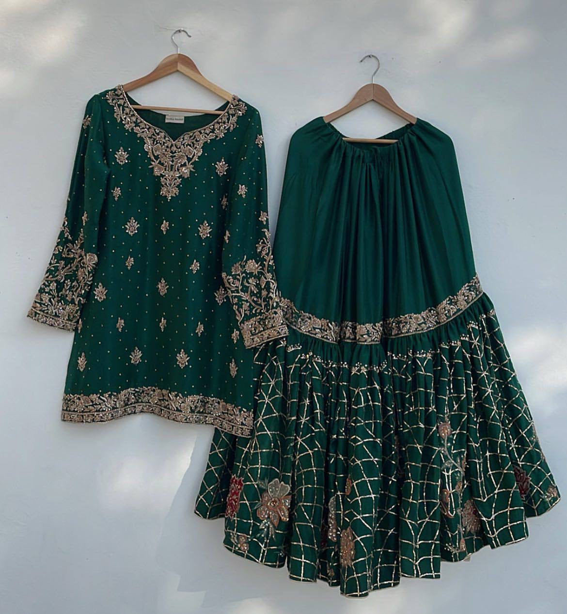 Green Heavy Chinon Suit with Full Flair Sharara & Dupatta