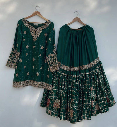 Green Heavy Chinon Suit with Full Flair Sharara & Dupatta