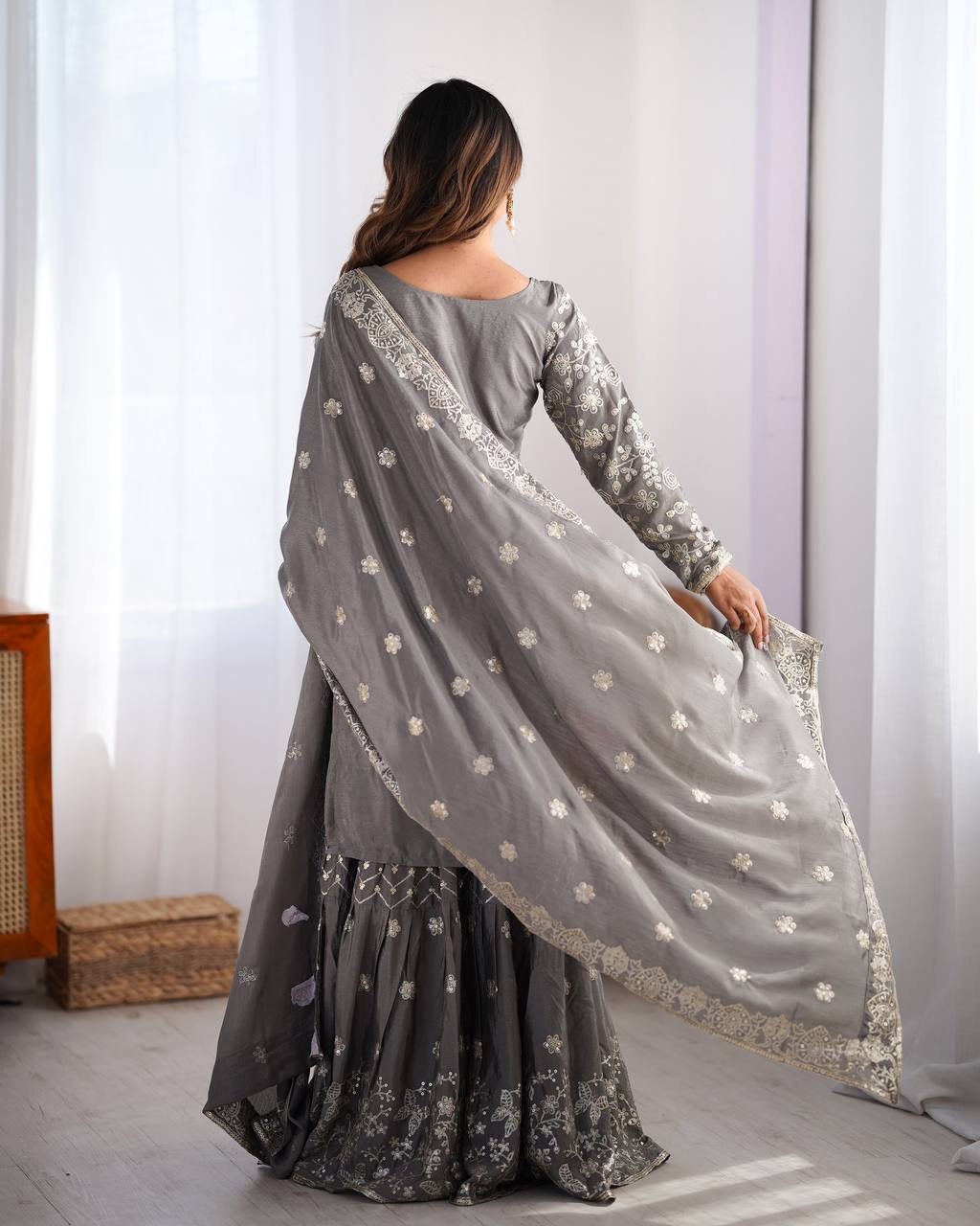 Grey Color Designer Chinon Silk Sharara Set