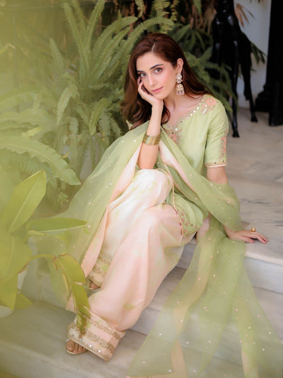 Designer Party Wear Natural Crepe Top & Farshi Palazzo Set With Organza Dupatta