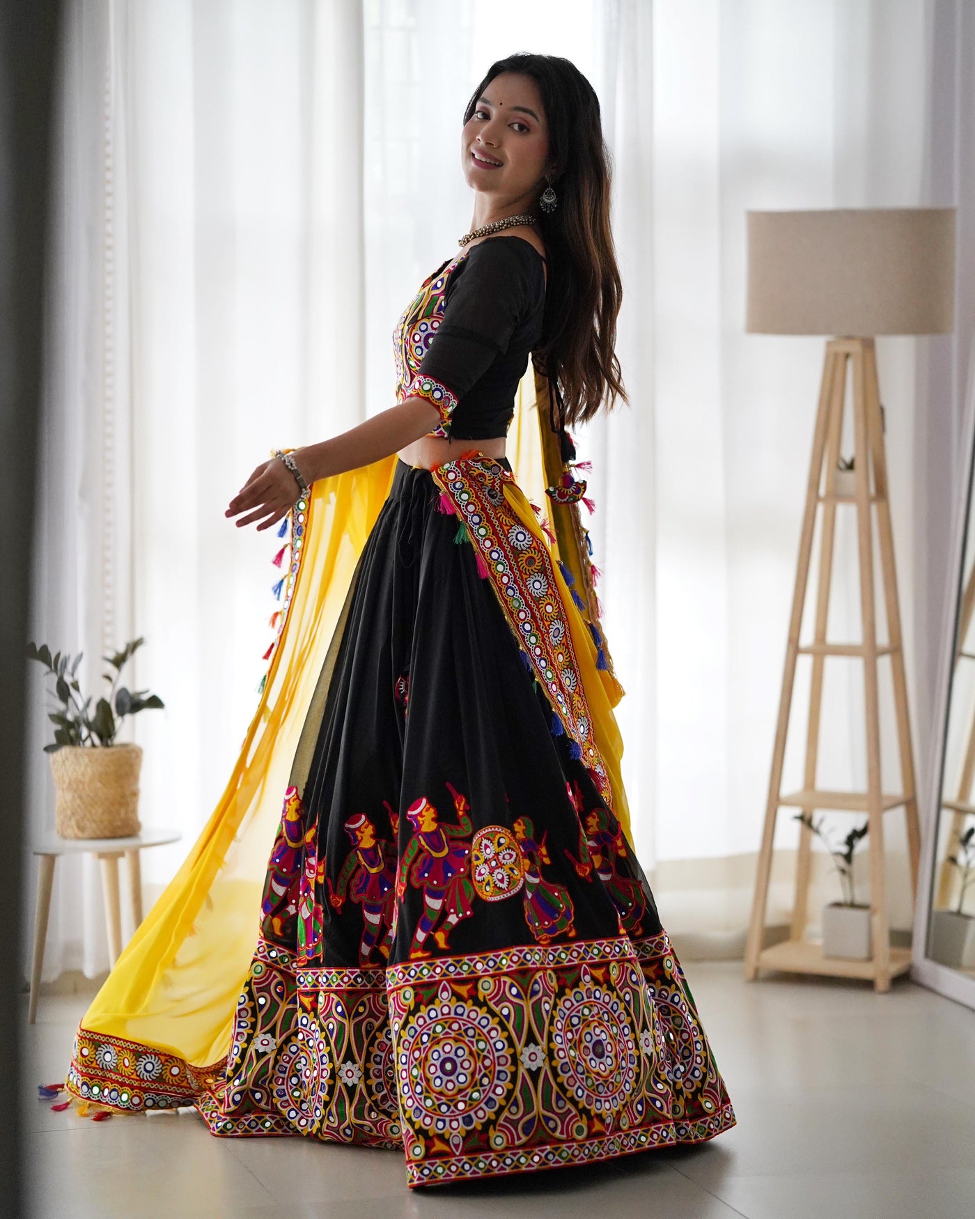 Faux Georgette Mirror Work Chaniya Choli Set With Fancy Dupatta