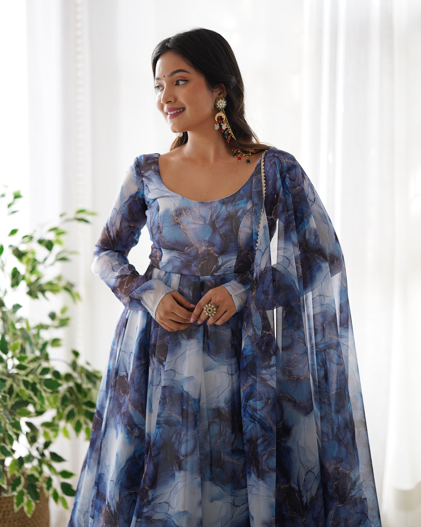 Pure Organza Silk Marble Print Anarkali Set With Dupatta And Pant