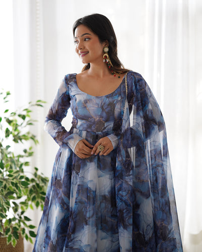 Pure Organza Silk Marble Print Anarkali Set With Dupatta And Pant
