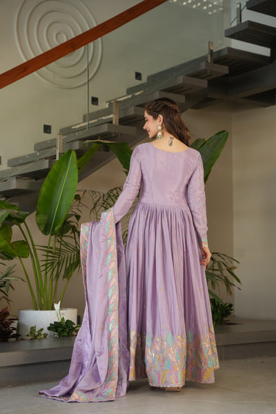 Chinnon Fabric Gown With Sequins & Multi-Thread Embroidered Dupatta