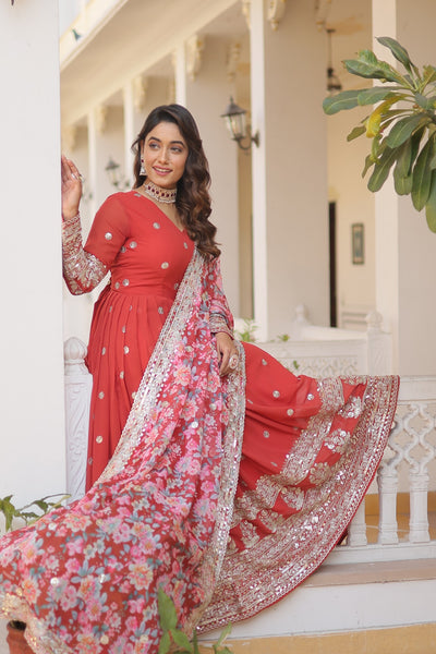 Rust Color Heavy Embroidery Gown With Printed Dupatta
