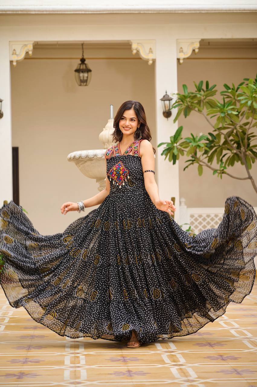 Black Navratri Bandhani Print Gown