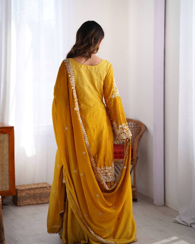 YELLOW WEDDING WEAR CHINON SILK PLAZZO DRESS