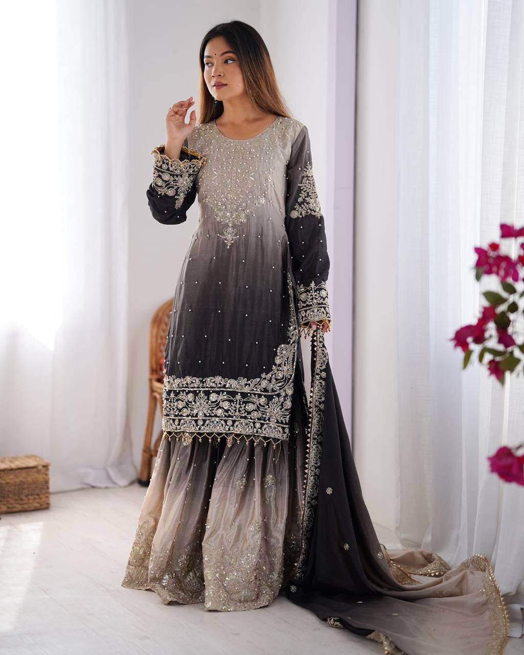 BLACK WEDDING WEAR CHINON SILK PLAZZO DRESS