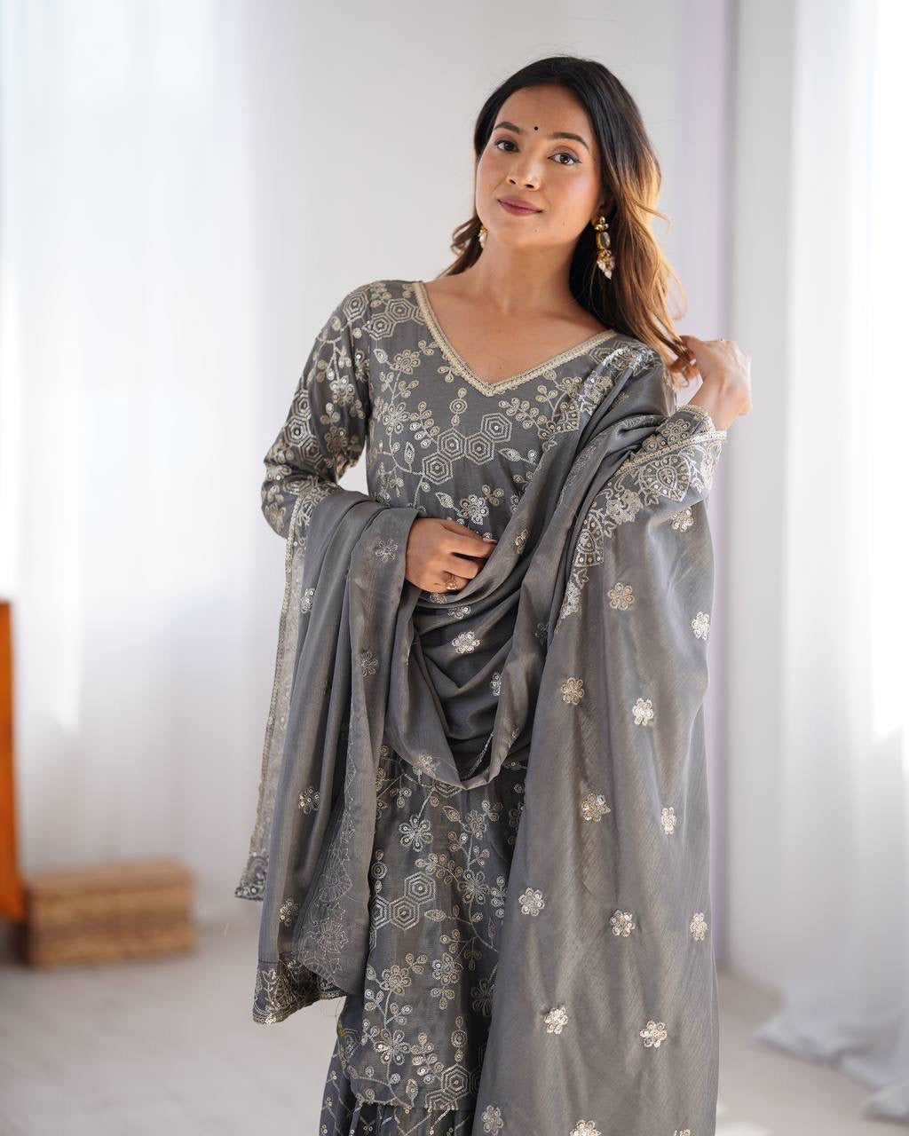 Grey Color Designer Chinon Silk Sharara Set